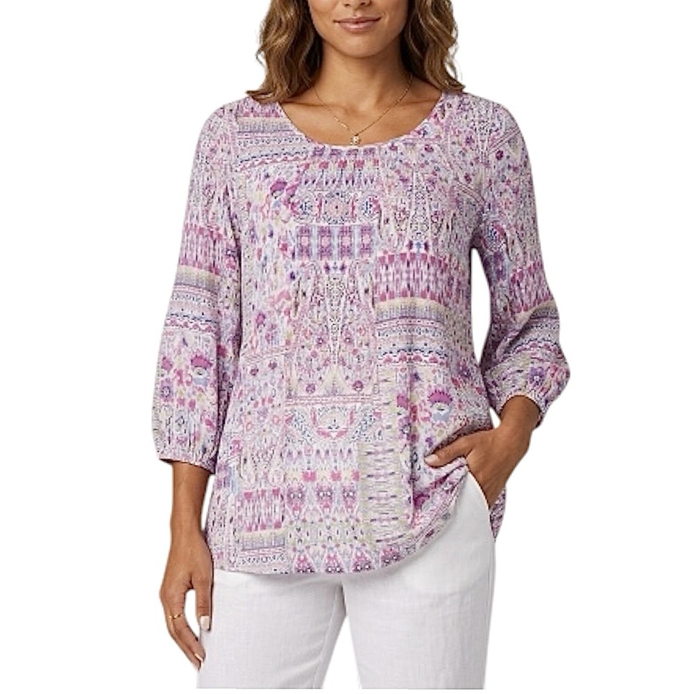 FLORAL & IVY Blouse sz 1X Multicolor Lightweight 3/4 Sleeve Pullover Boho Print